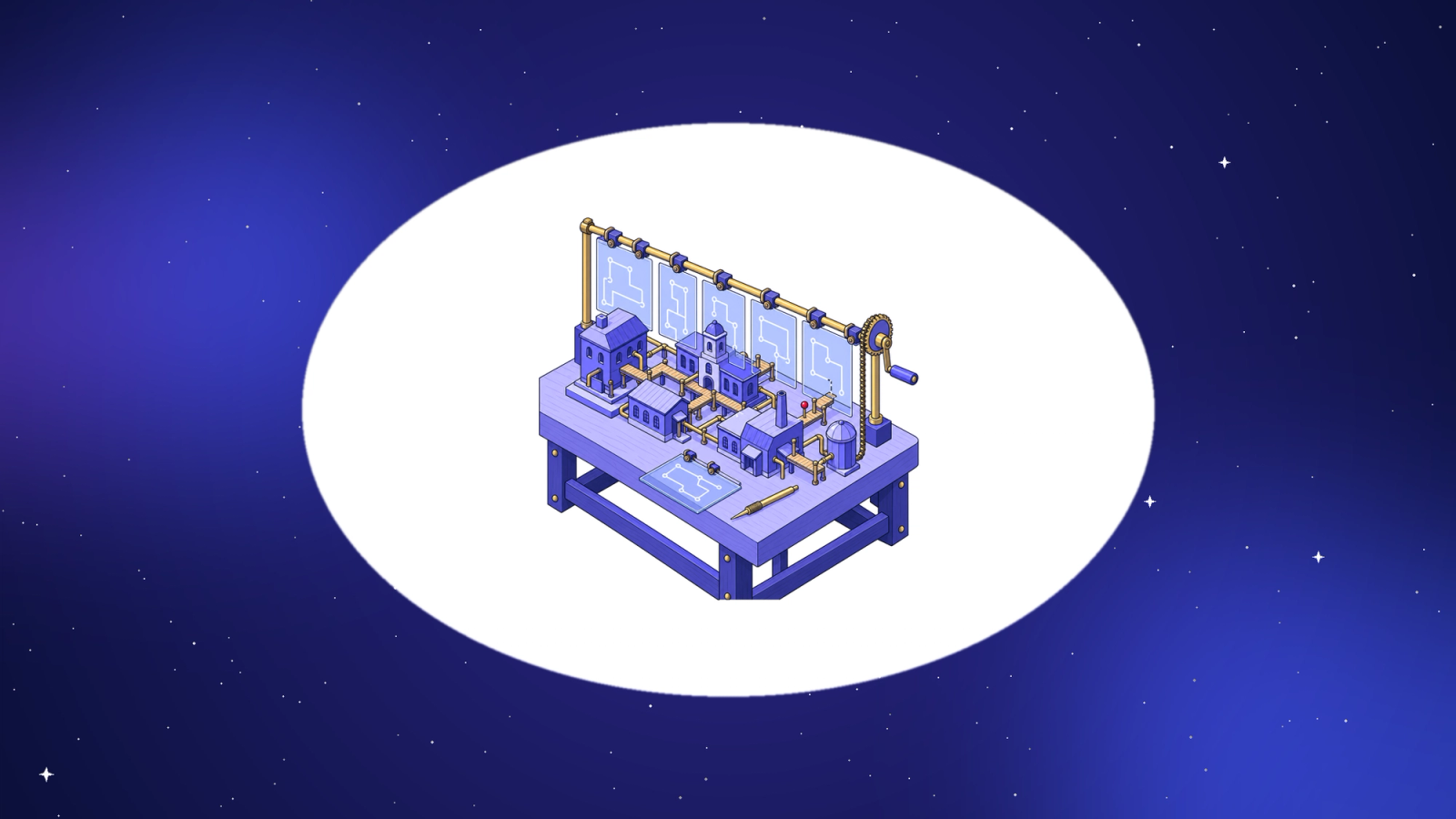 Isometric brass rail carrying etched glass plates over a wooden model town, one plate showing a shifted walkway