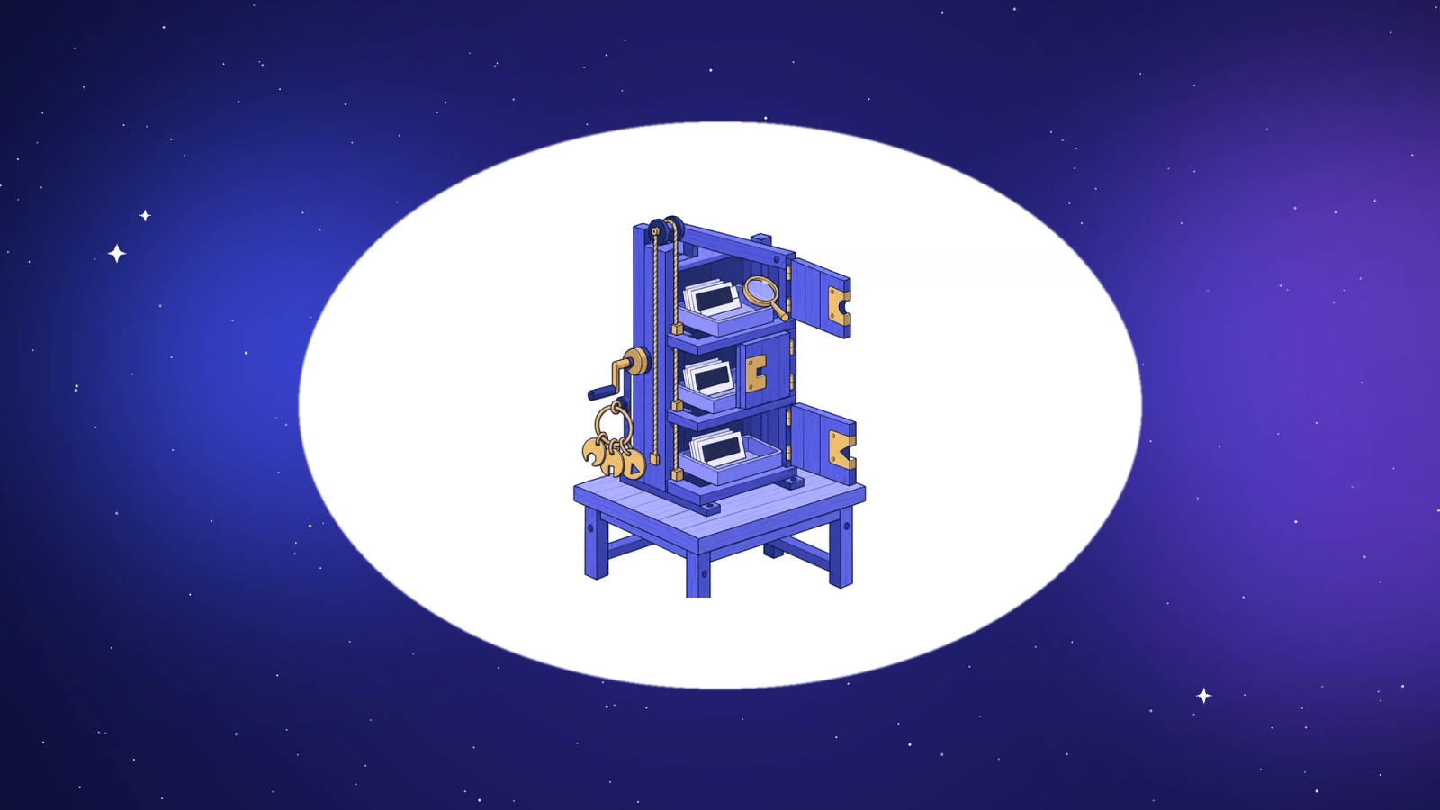 Isometric wooden dumbwaiter with notched brass hatches and paper cards, one card's mask slipped to reveal a strip
