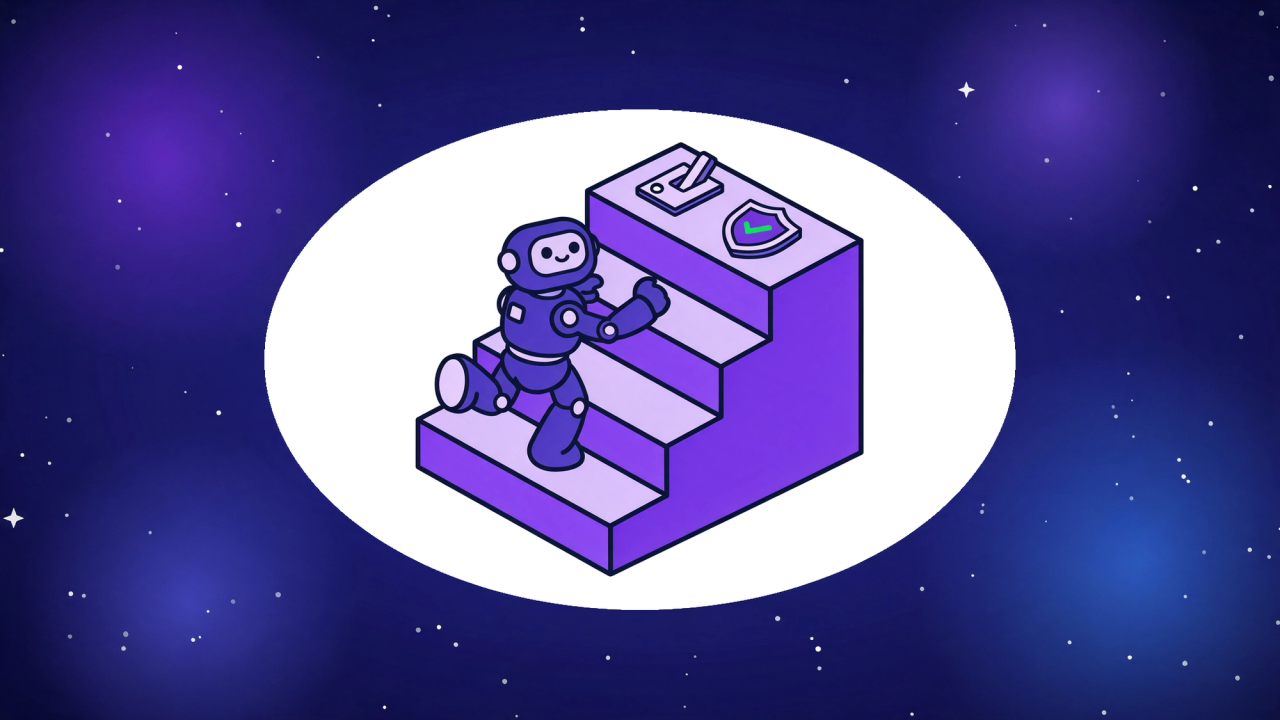Isometric robot climbing a four-step staircase toward a toggle switch and a shield with a checkmark, representing AI agent autonomy levels