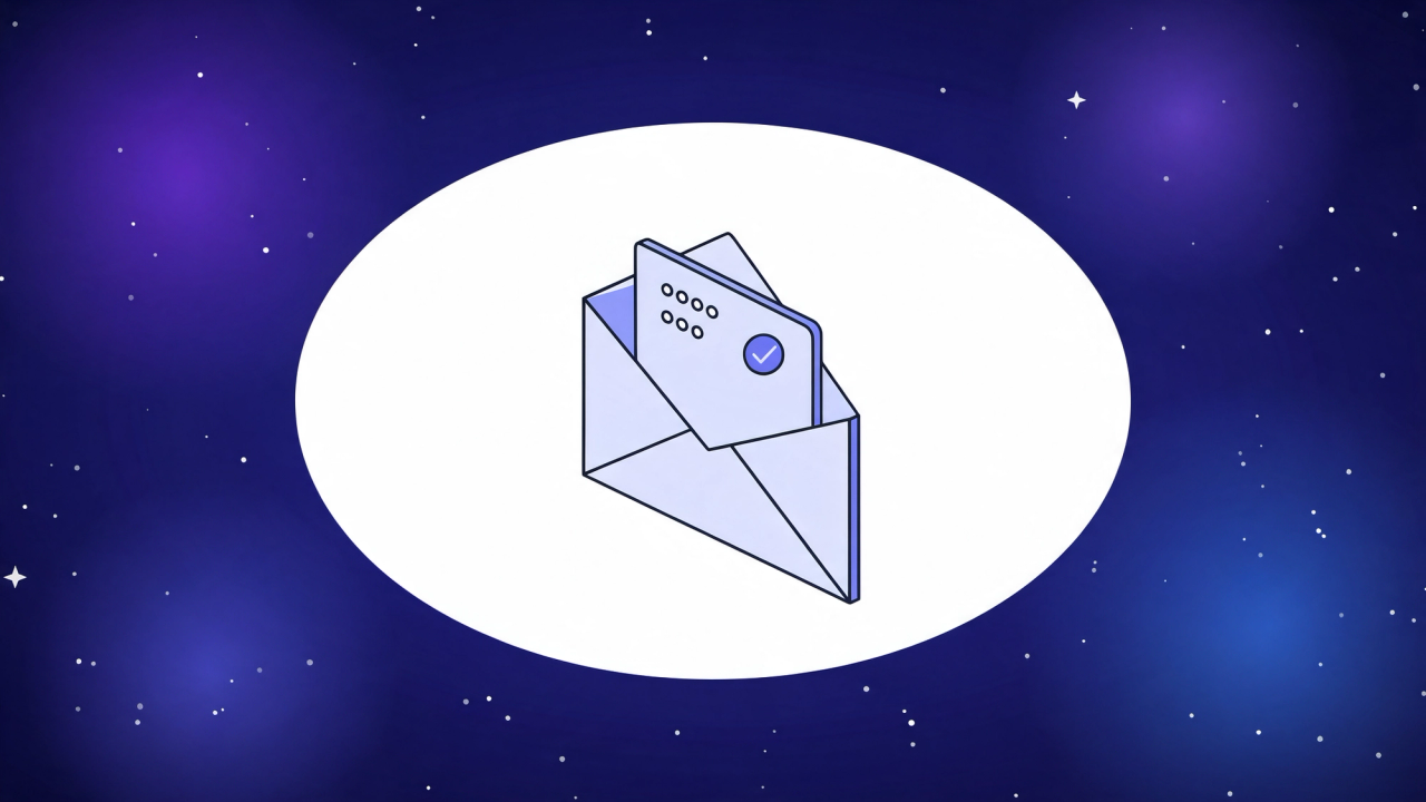 Isometric open envelope with a one-time passcode card and a checkmark badge, representing automated OTP email testing