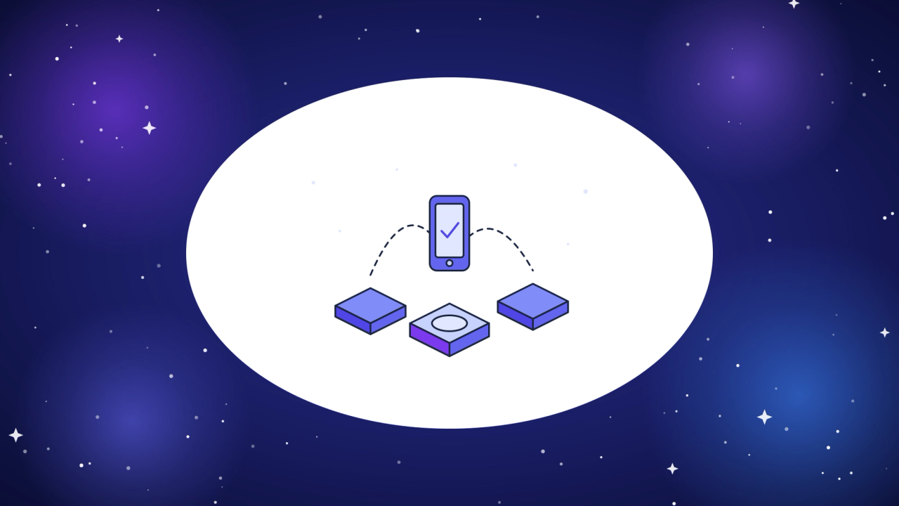 A smartphone moving between three docking platforms, representing the choice between browserstack alternatives for mobile app testing