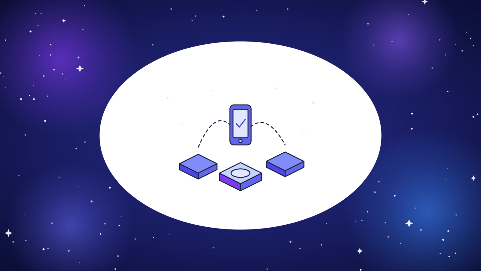 A smartphone moving between three docking platforms, representing the choice between browserstack alternatives for mobile app testing