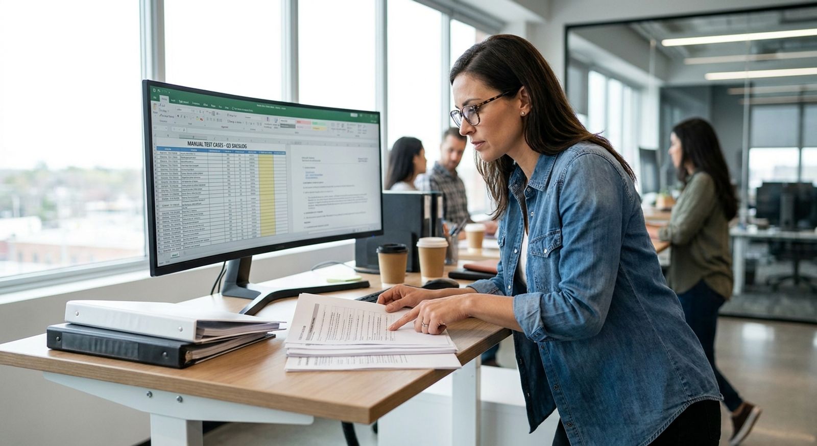 QA engineer reviewing a large backlog of manual test cases on a monitor before automation
