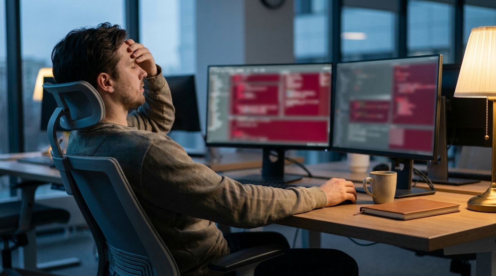 Frustrated software engineer looking at failing automated test results on two monitors