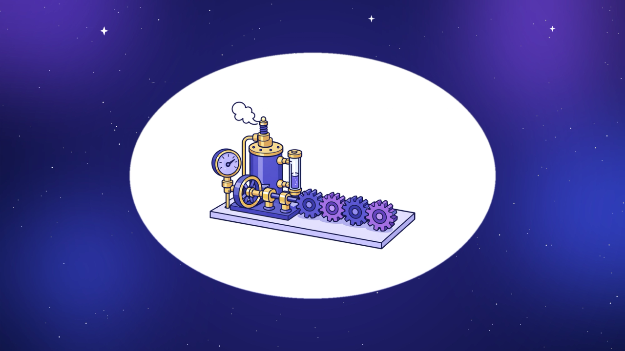 Isometric brass steam engine with pressure gauge, glass water-level tube and safety valve releasing a puff of steam