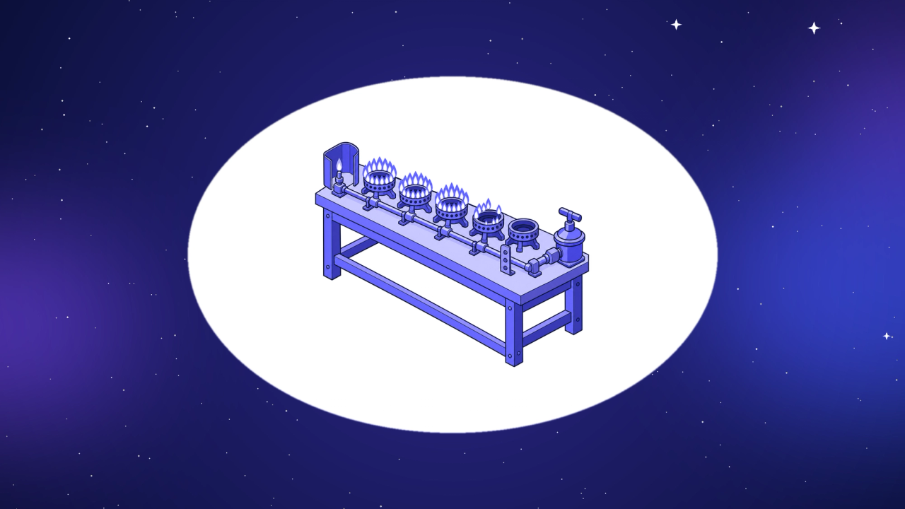 Isometric brass pilot flame lighting a row of burners through a shared flame tube, the last burners still unlit