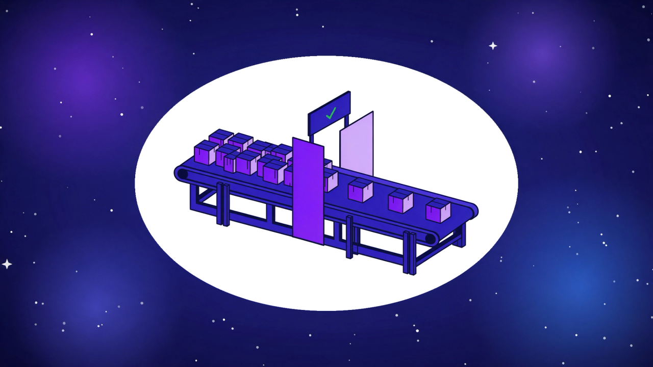 Isometric conveyor belt with boxes piling up before a checkpoint gate, representing the AI in the SDLC bottleneck moving to review and testing