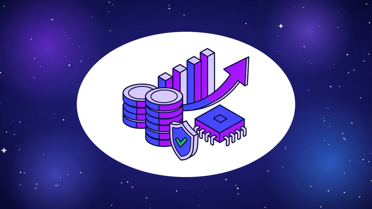 Isometric coin stacks beside a microchip, a rising bar chart and a checkmark shield, representing AI engineering ROI with quality costs included