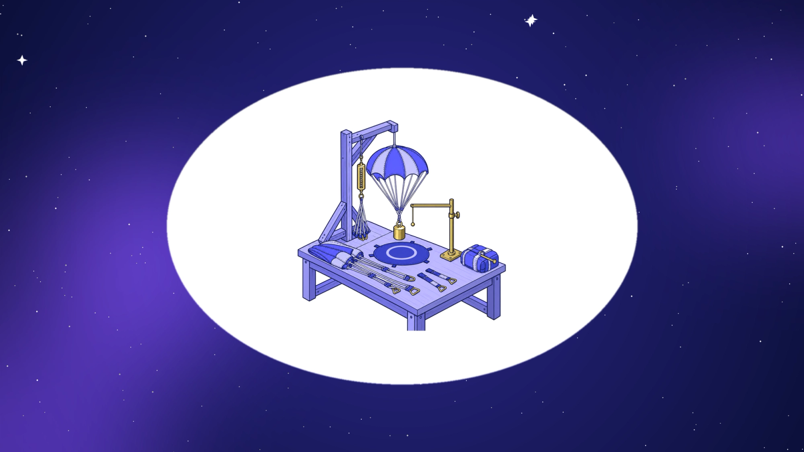 Isometric wooden drop tower, a parachute lowering a brass weight onto a target mat, and a spare packed chute