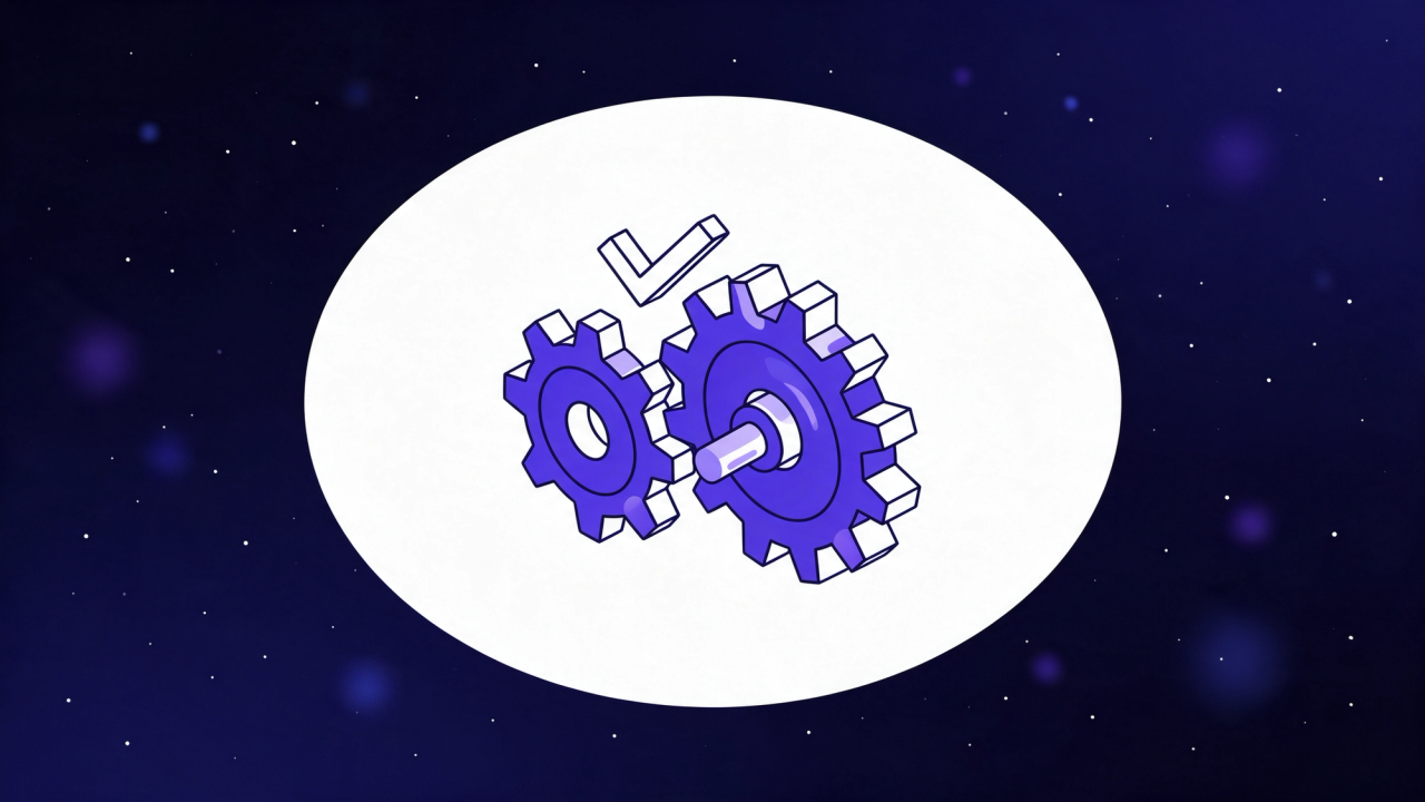 Two interlocking gears turning in sync with a checkmark above them, representing test automation moving in step with development inside the same sprint