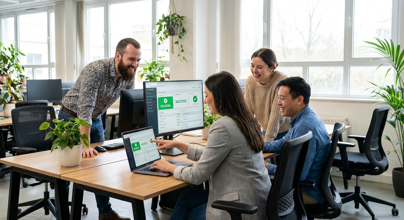 QA team reviewing successful automated test results together after a large migration