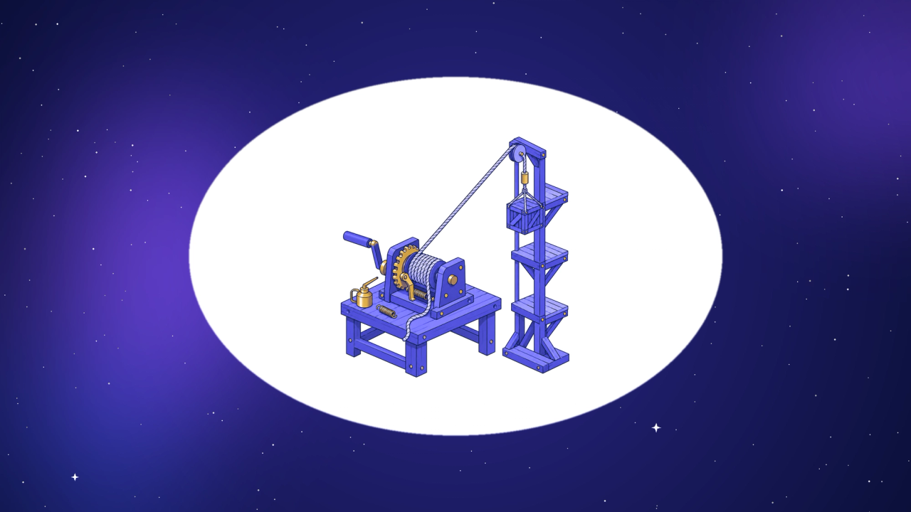 Isometric wooden hand winch with a brass ratchet and pawl holding a crate partway up a small wooden tower