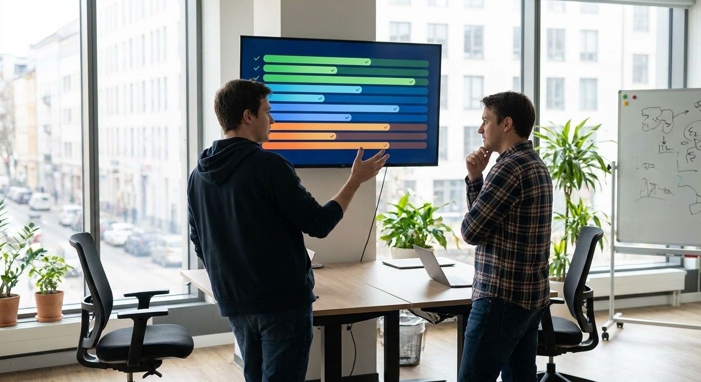 Two engineers reviewing automated test migration progress on a wall-mounted monitor