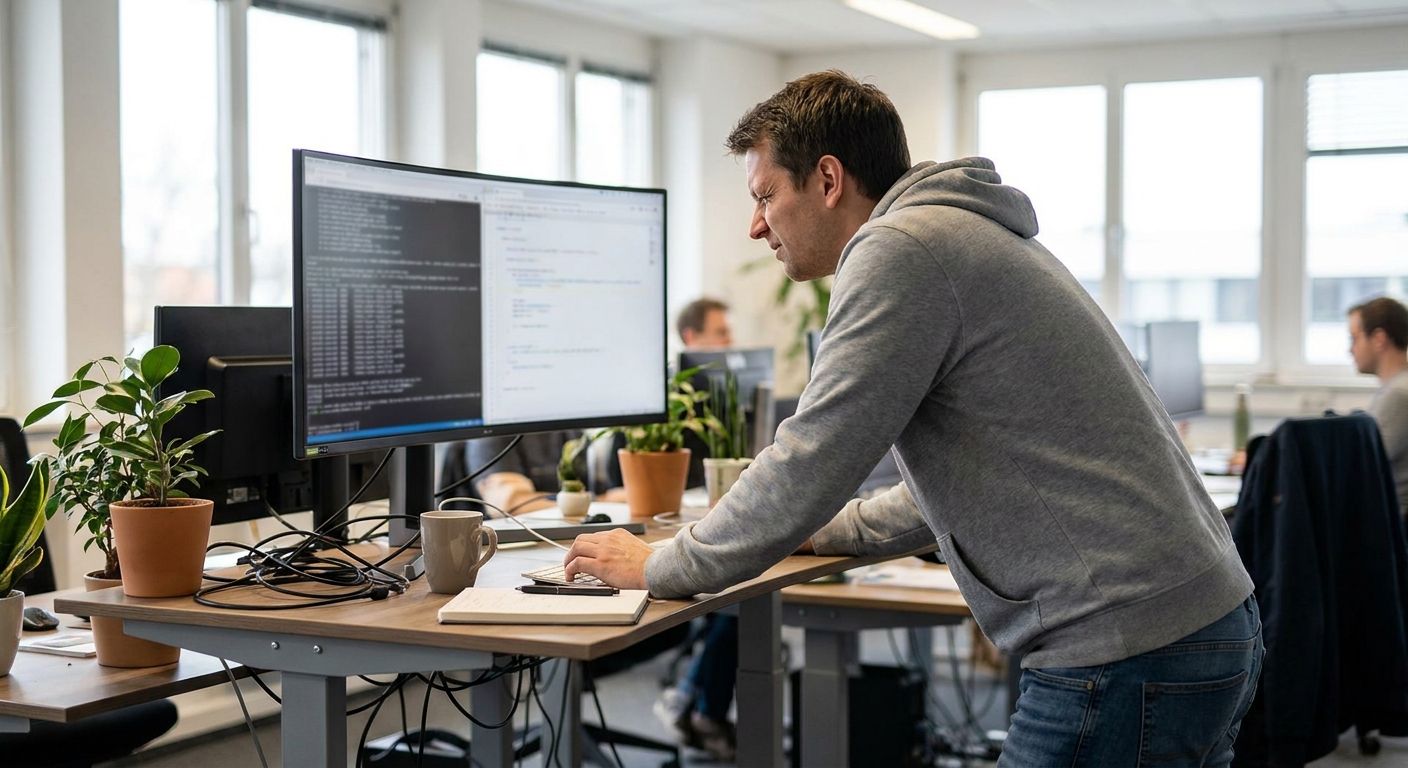 Developer reviewing old and new test automation code side by side on a widescreen monitor during a Selenium to Playwright migration
