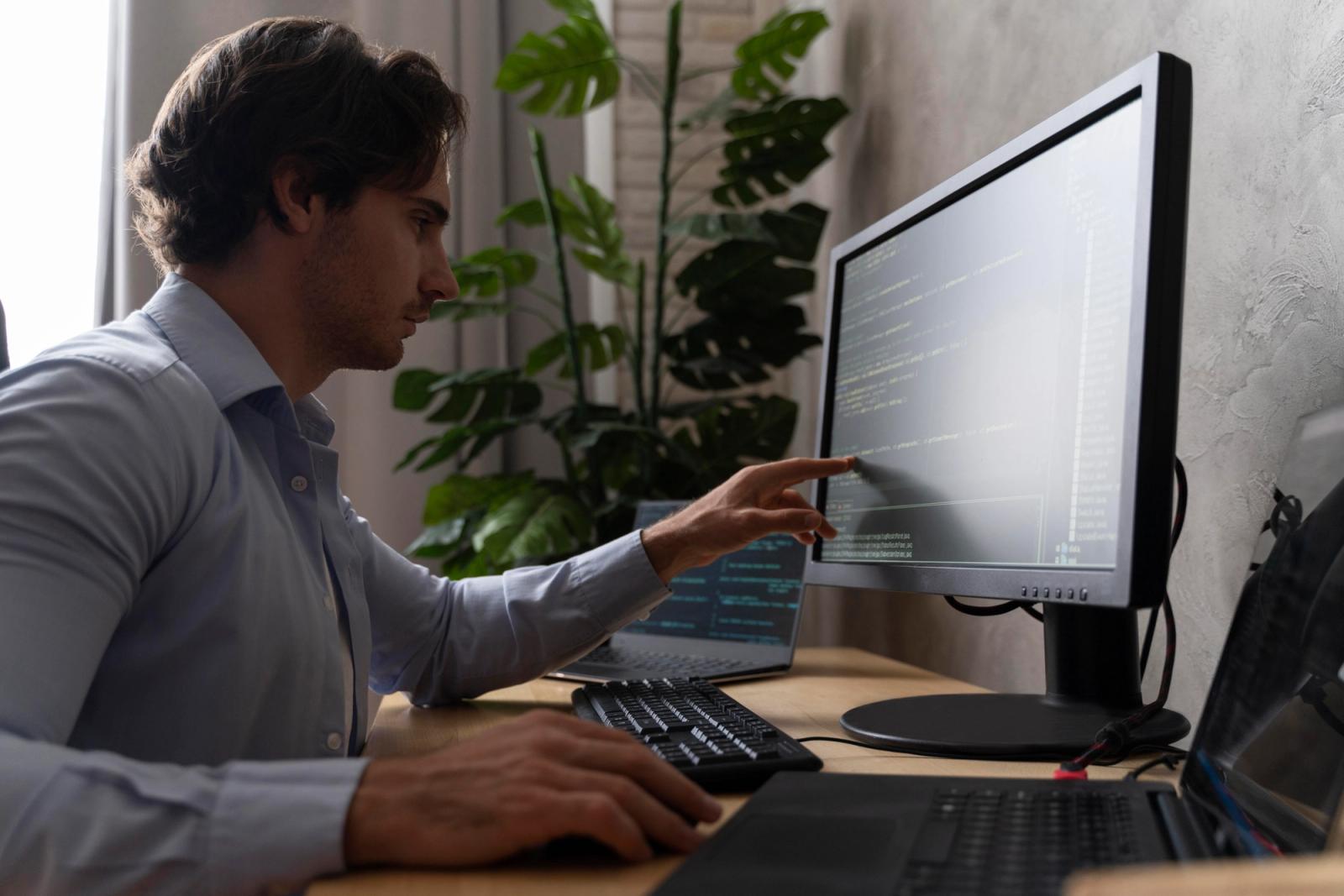 Developer writing test automation code on a laptop, close up on the screen