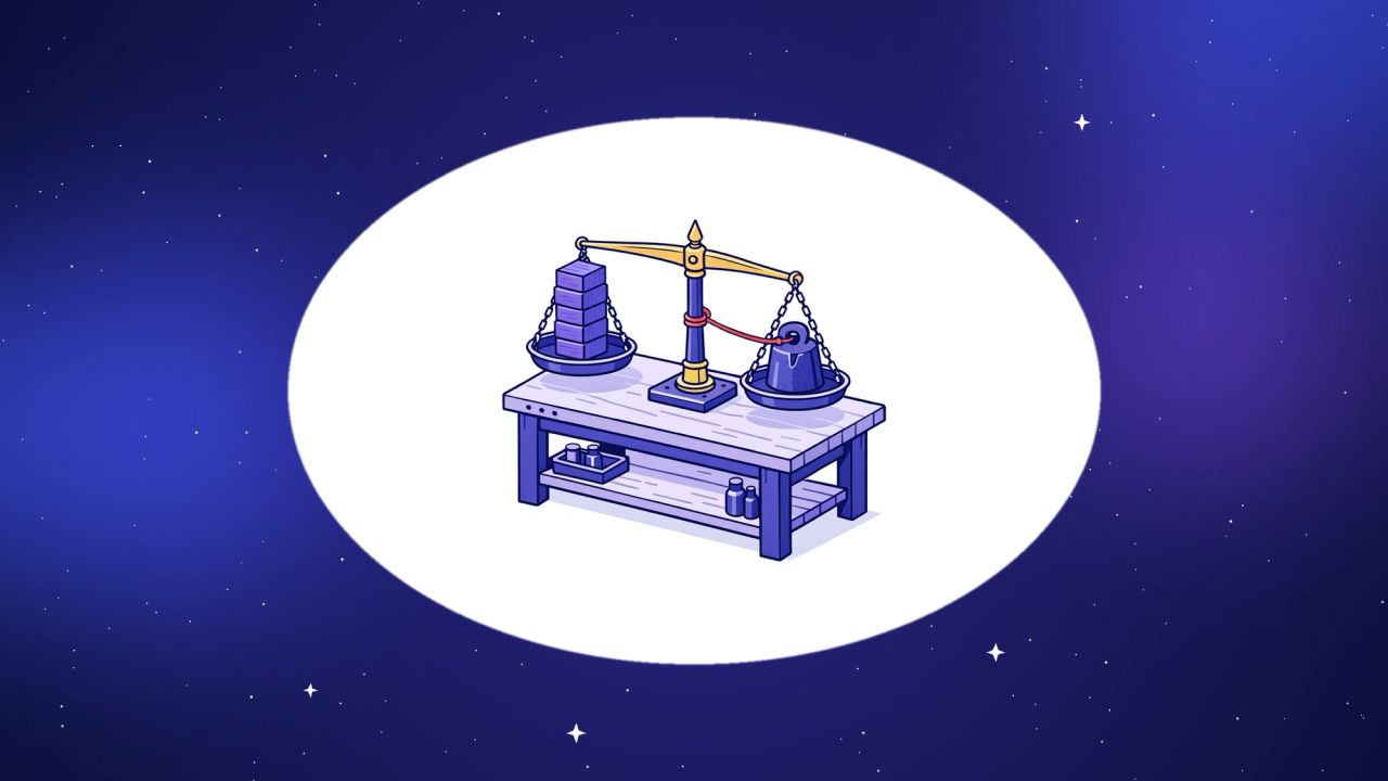 Isometric brass balance scale on a workbench: many plain wooden blocks balanced by one heavy iron weight tied with red cord