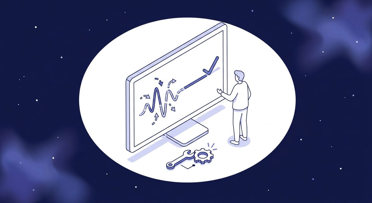 Software engineer reviewing a test results dashboard with pass and fail indicators on a monitor