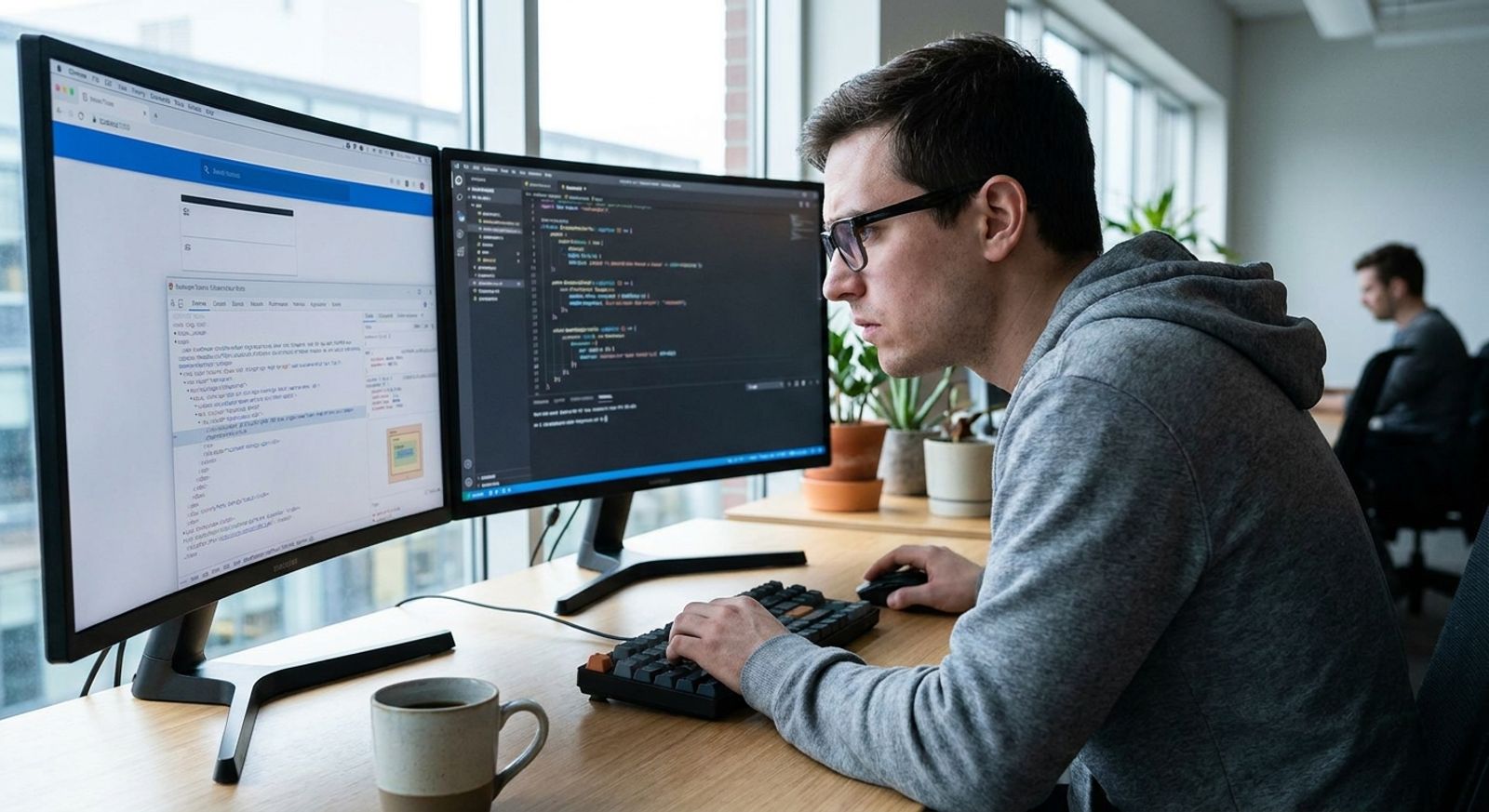 Software engineer debugging a failing end-to-end test with browser developer tools open on dual monitors