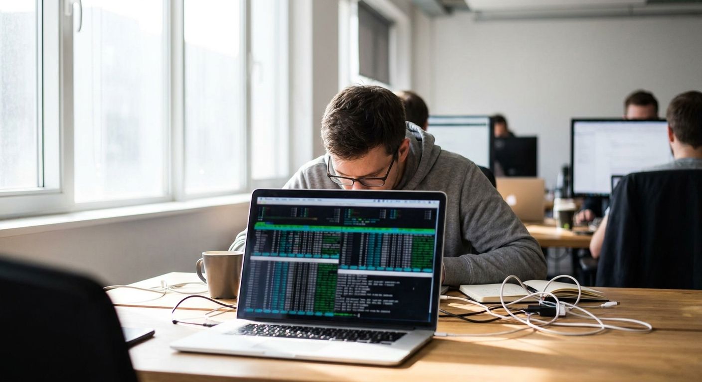 Developer setting up an isolated Docker database container for automated integration testing on a laptop