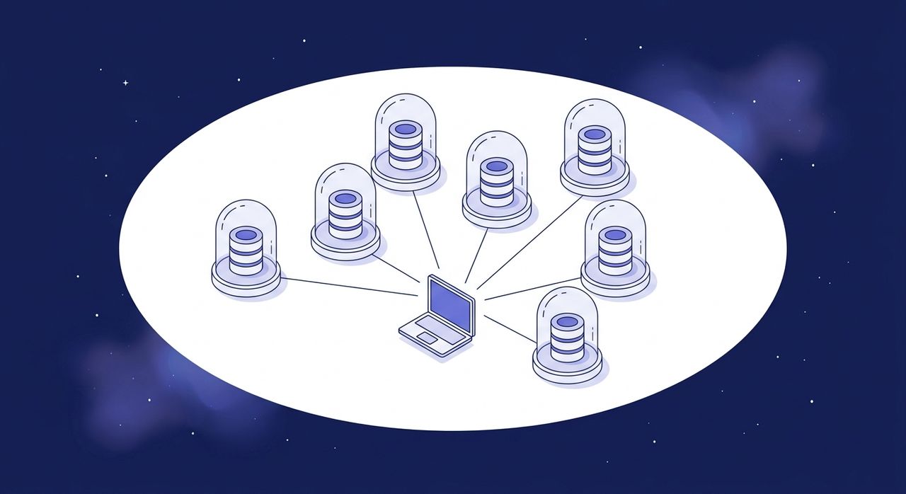 Glowing isolated database containers connected by clean data pipeline lines, representing test data management in microservices