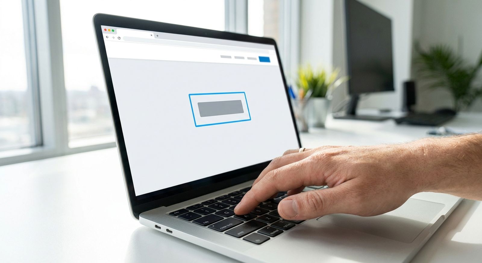 Close-up of a hand testing keyboard tab navigation on a website in an office setting