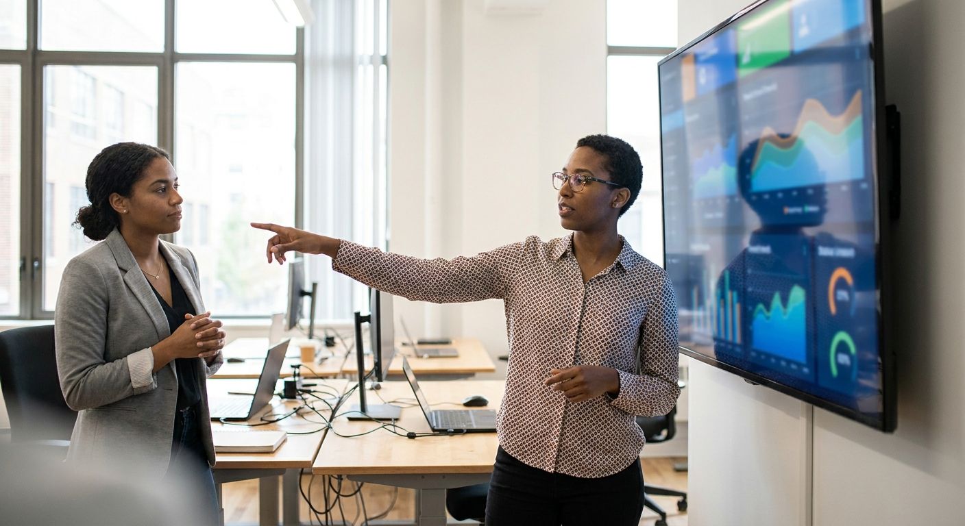QA engineer reviewing a test flakiness trend dashboard on a large monitor with a colleague