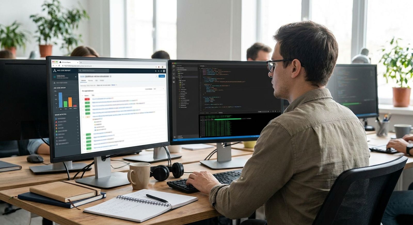 QA engineer running an automated axe-core accessibility scan in a code editor next to a browser window