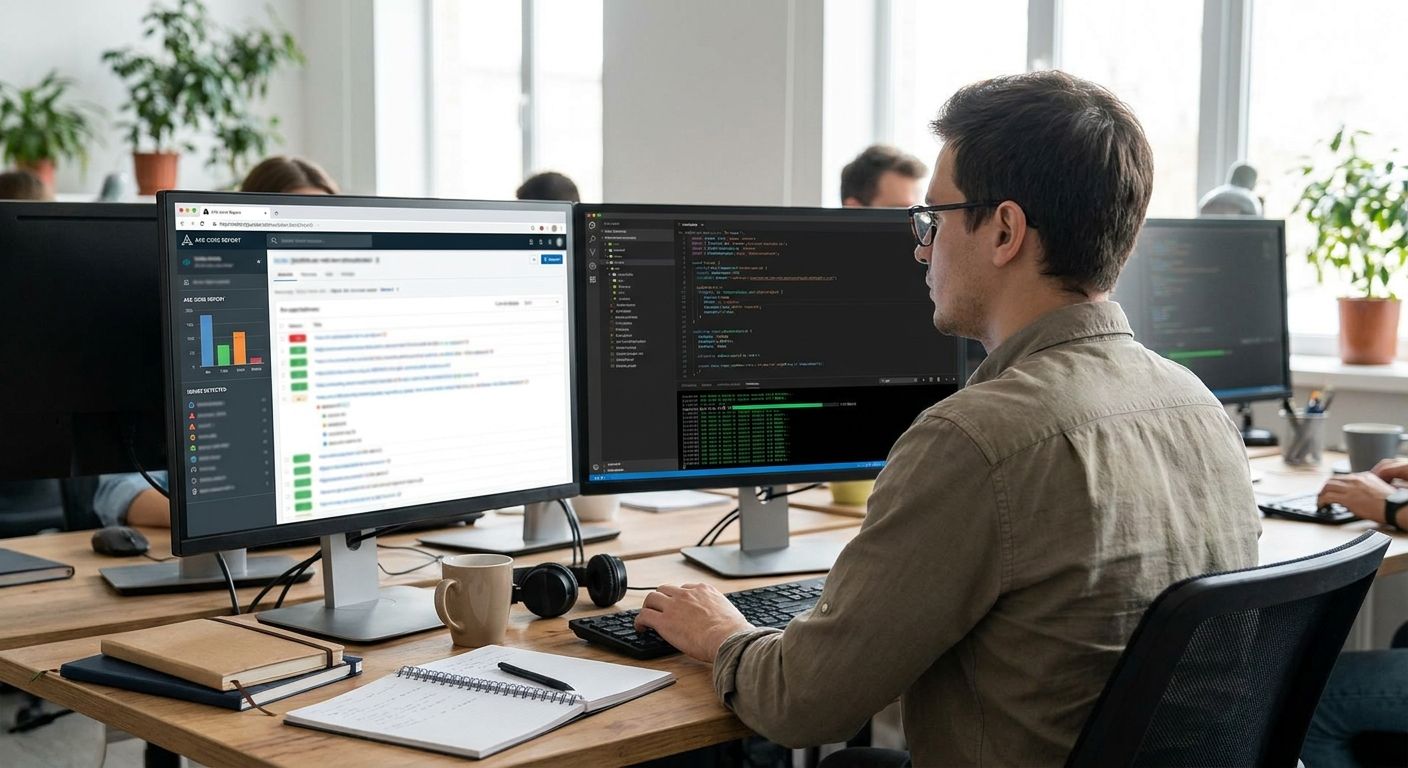 QA engineer running an automated axe-core accessibility scan in a code editor next to a browser window