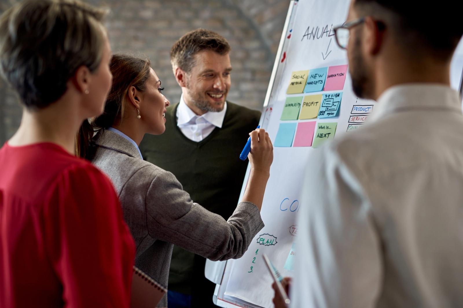 Agile team collaborating around a whiteboard during sprint planning