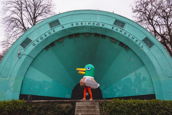 Lewis Mallard stands in front of the George R. Robinson Bandshell in Gage Park in Hamilton, Ontario