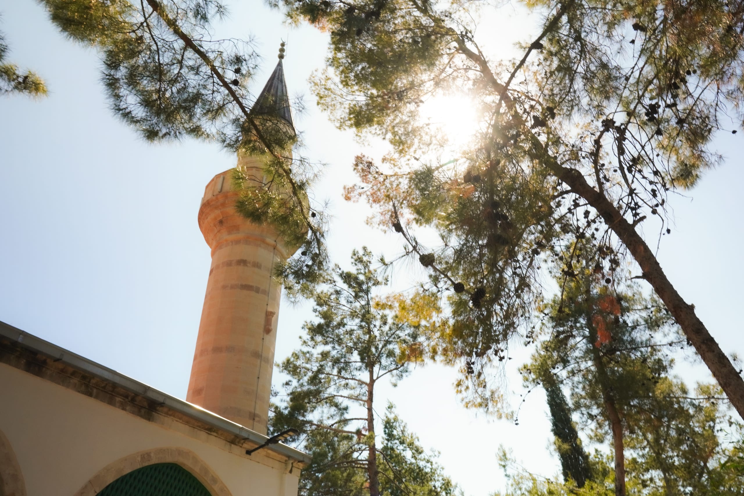 The minaret of a mosque, surrounded by trees and greenery