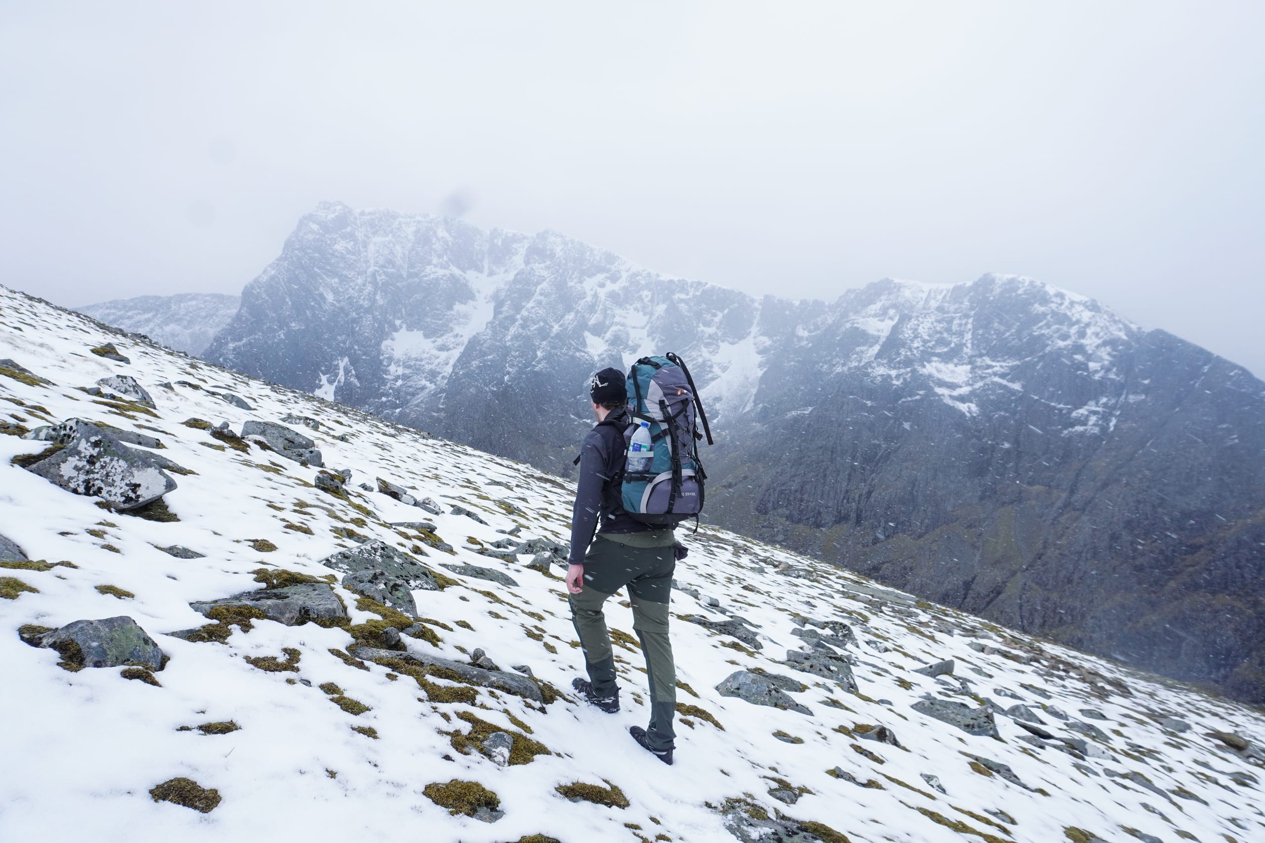 Climbing a snowy mountain