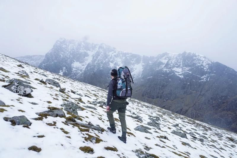 Climbing a snowy mountain