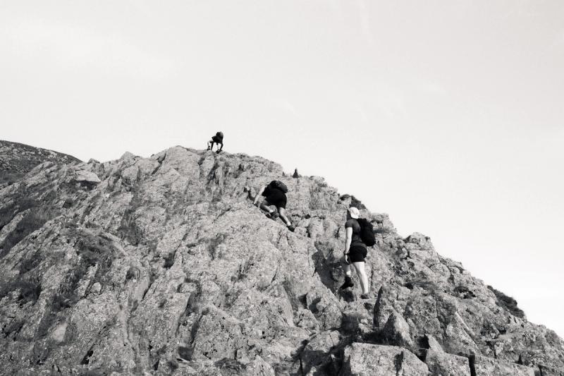 Hiking up the final ascent, in black and white