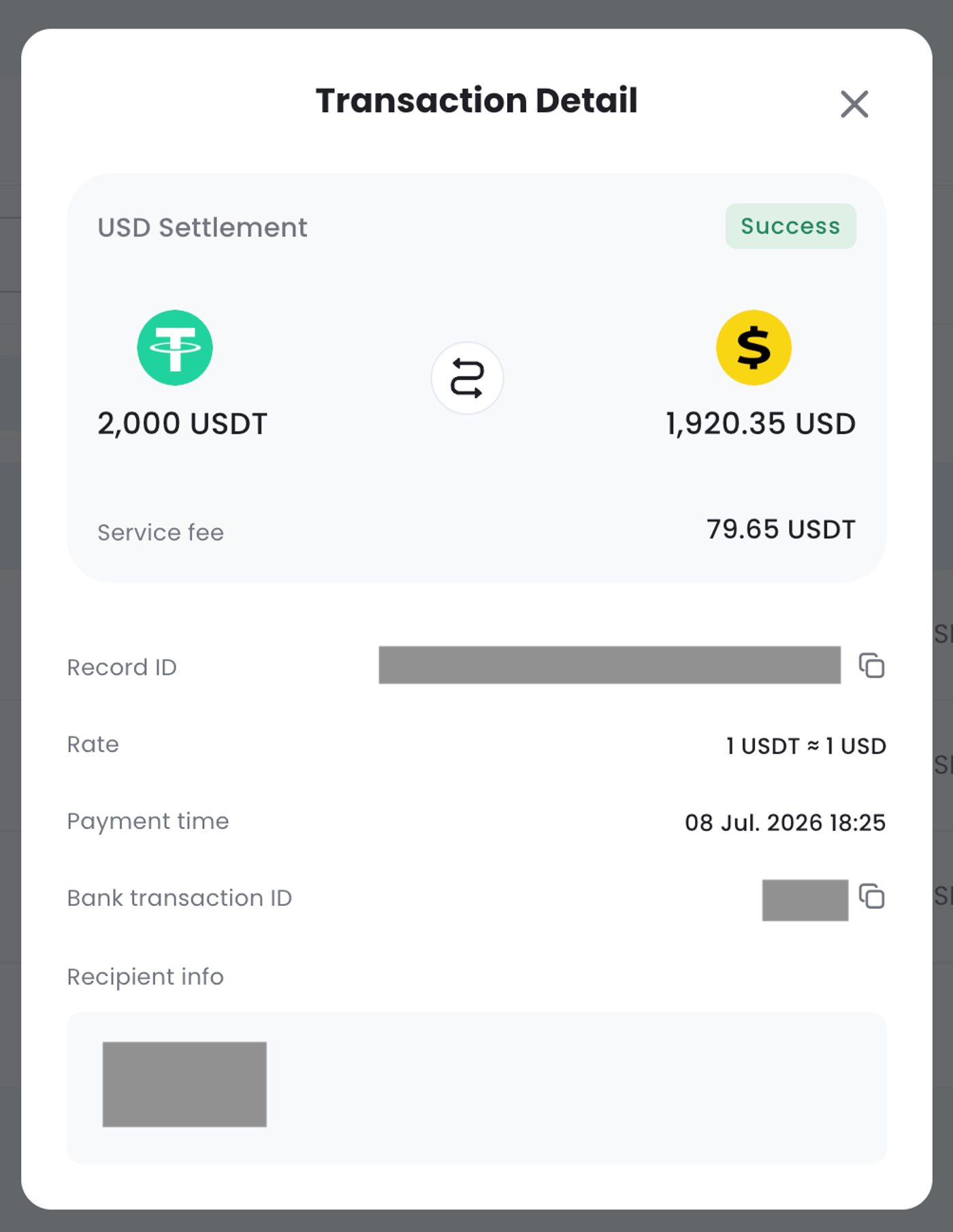 USDT to USD Settlement step7 success