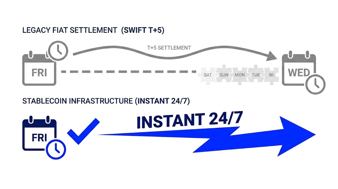 A comparative infographic titled Stablecoin Payouts vs. Legacy SWIFT
