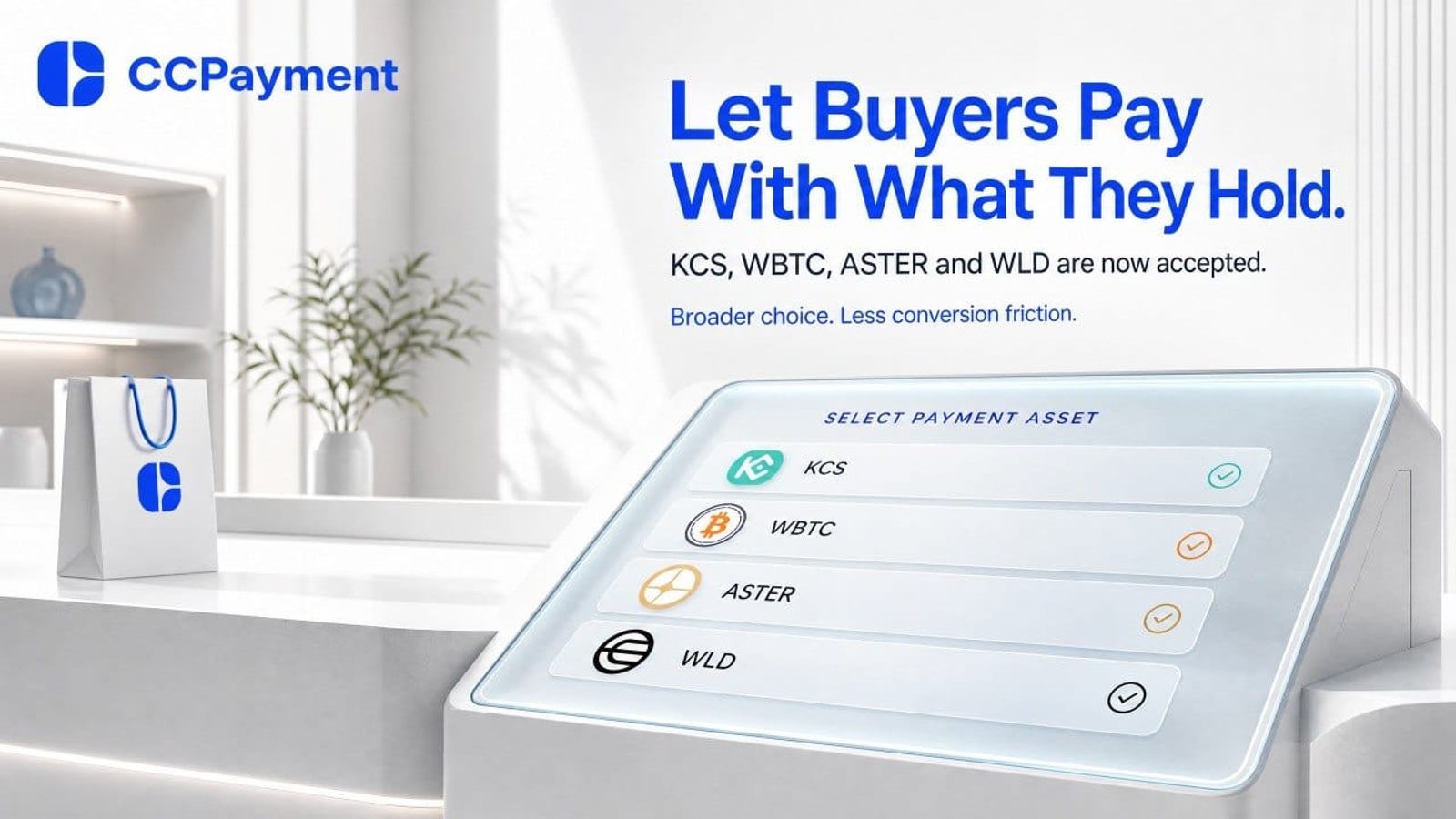 CCPayment Now Supports WBTC, ASTER, WLD and KCS Payments