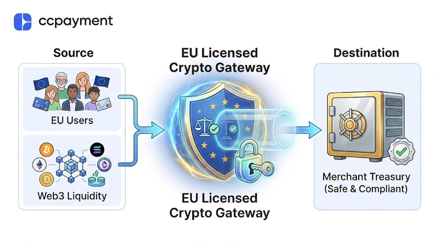 Diagram showing CCPayment’s EU-licensed crypto gateway processing unregulated Web3 liquidity into safe, compliant merchant treasury.