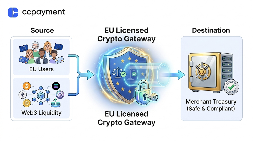 Diagram showing CCPayment’s EU-licensed crypto gateway processing unregulated Web3 liquidity into safe, compliant merchant treasury.