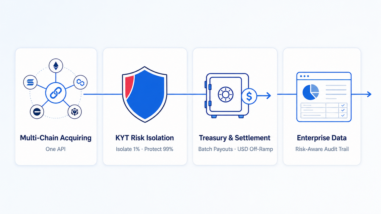 Four connected layers unify payment acceptance, risk control, treasury operations, and audit-ready data.