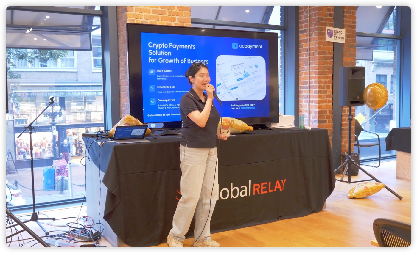 CCPayment presenter explaining enterprise crypto checkout API and zero-node gateway deployment to Vancouver small business owners.