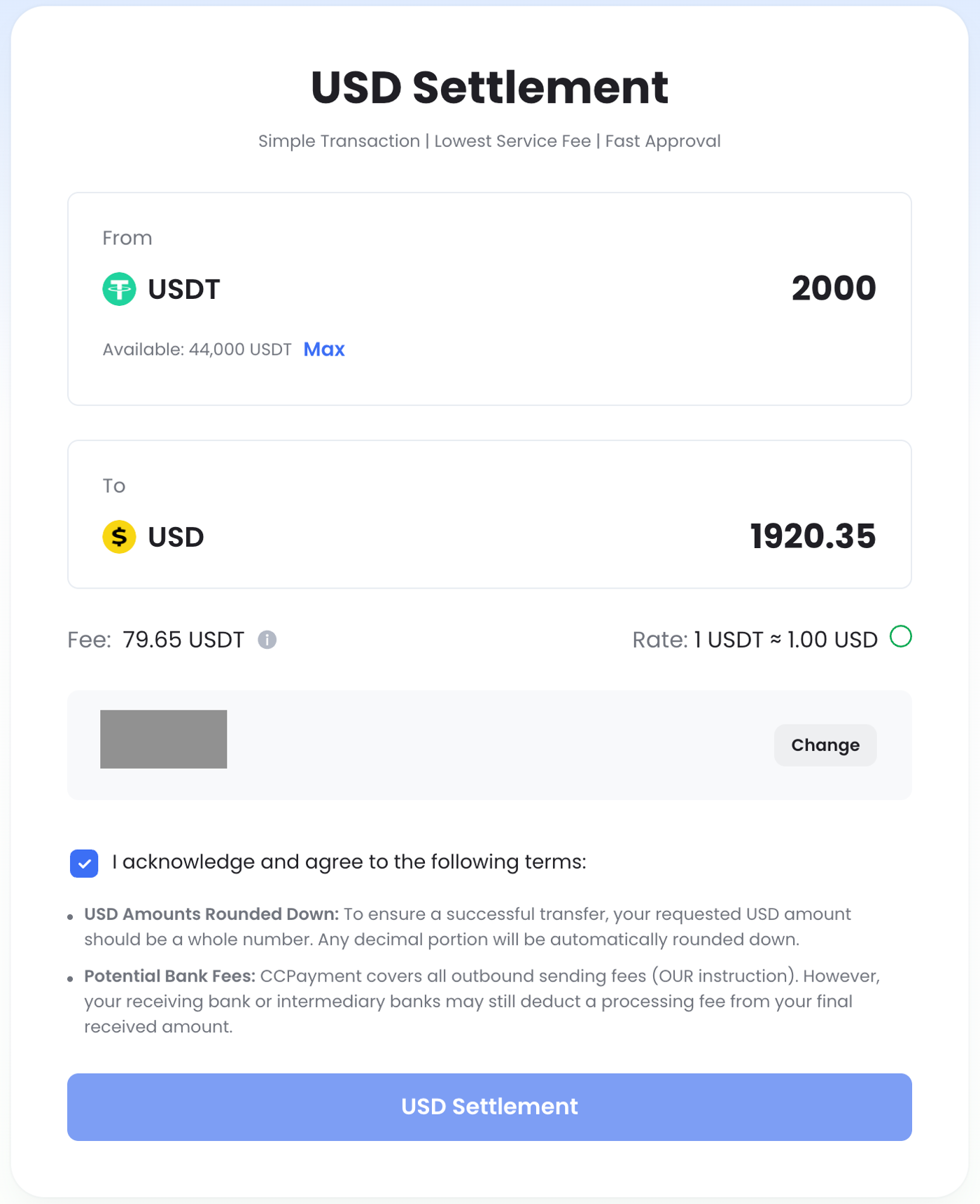 USDT to USD Settlement step3 Review and Submit
