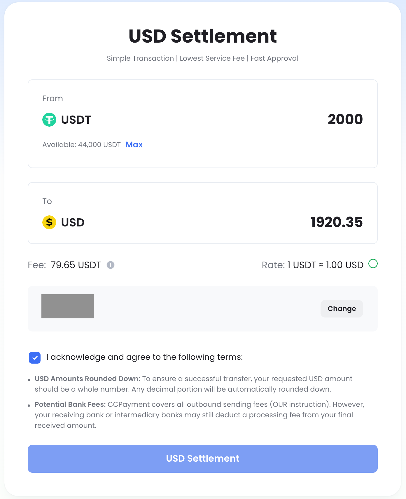 USDT to USD Settlement step3 Review and Submit