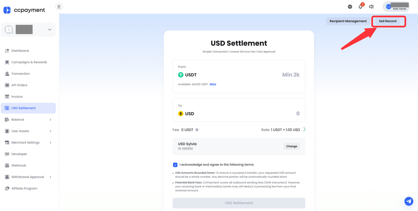 USDT to USD Settlement step6 Track Status in Transaction Record