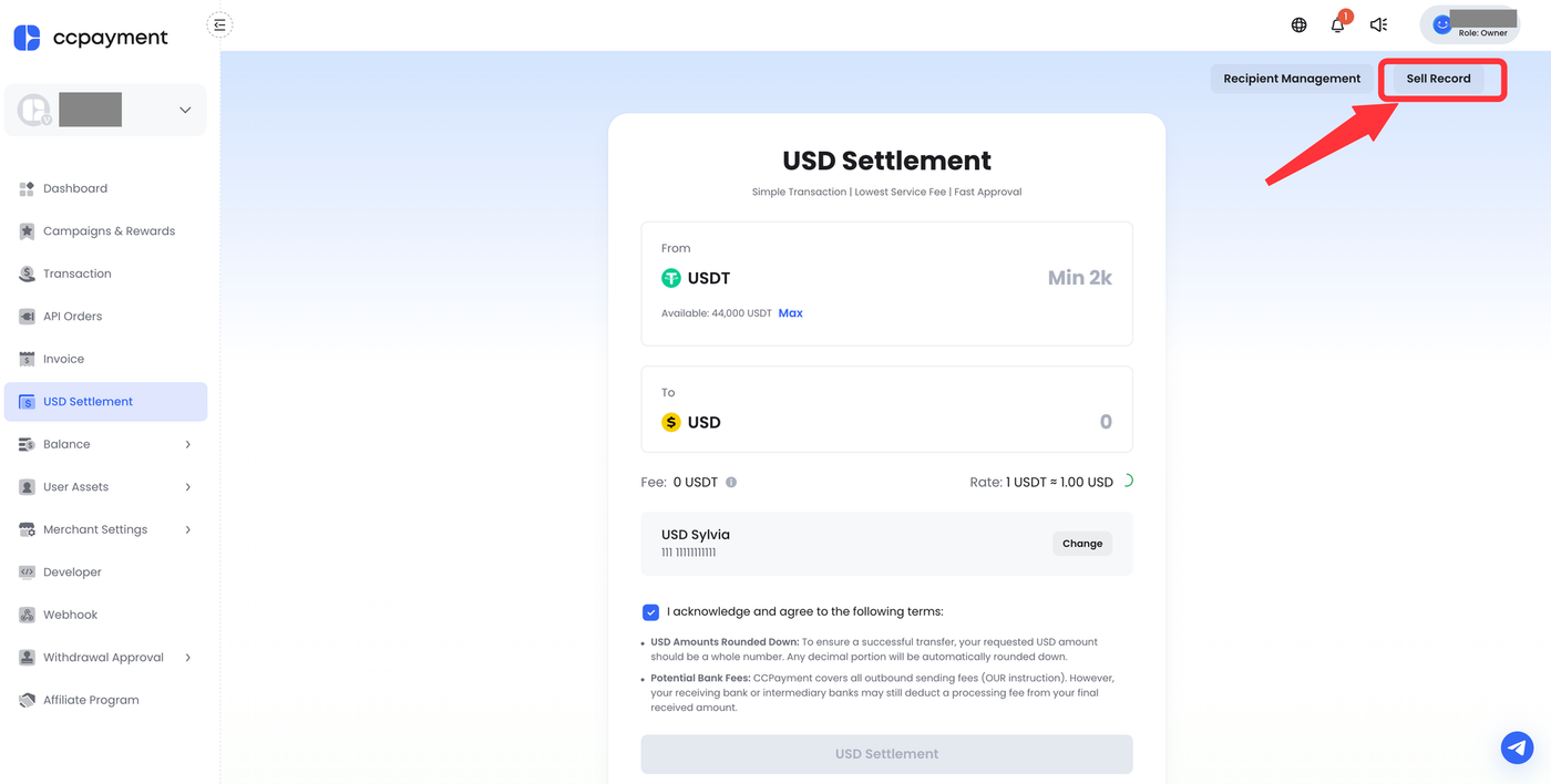 USDT to USD Settlement step6 Track Status in Transaction Record