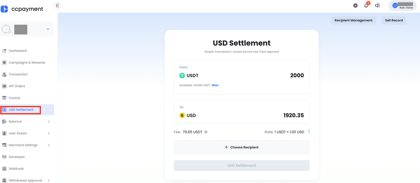 USDT to USD Settlement step1 Set Your Sell Amount