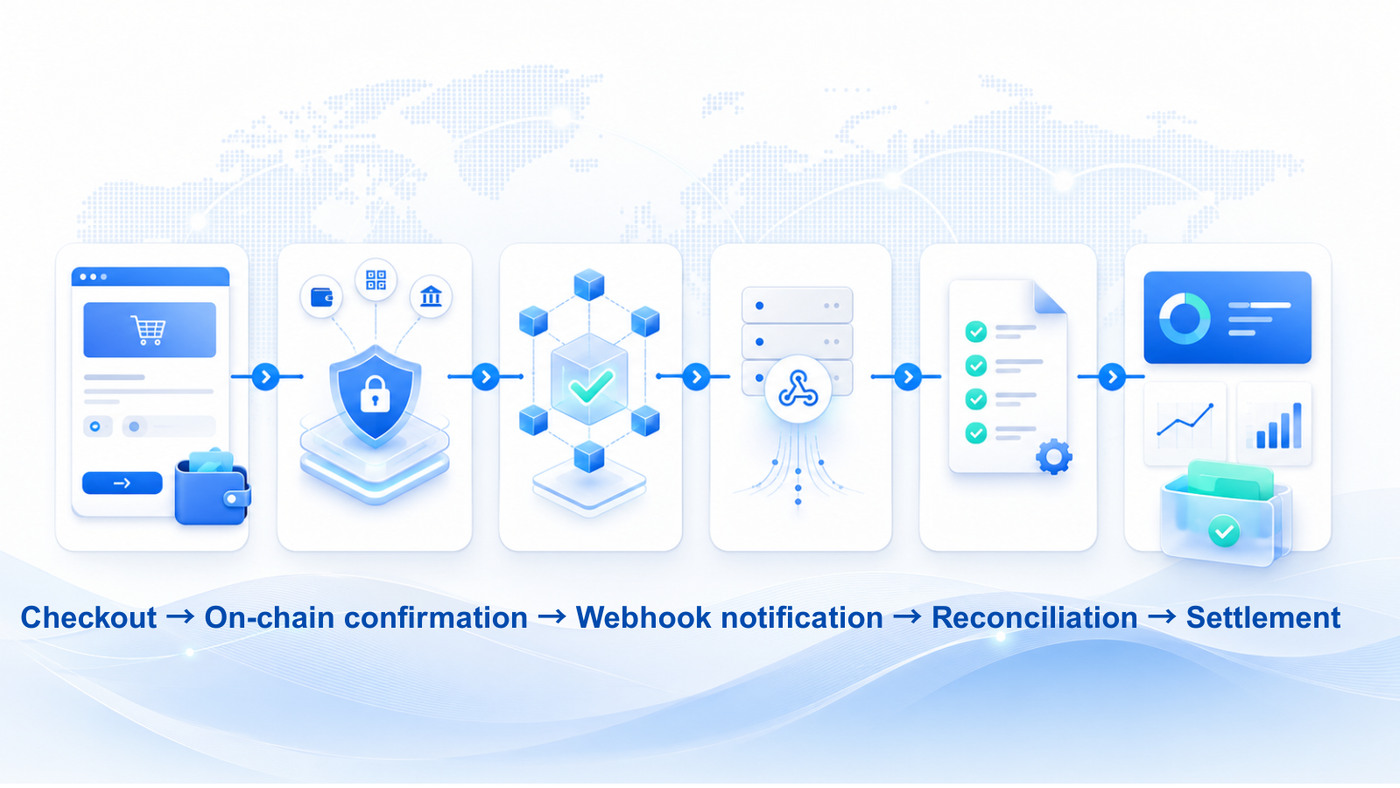 Crypto payment flow from customer checkout to merchant settlement