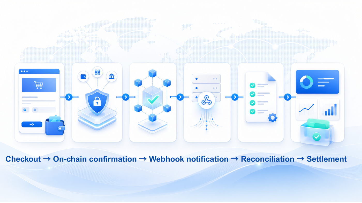 Crypto payment flow from customer checkout to merchant settlement
