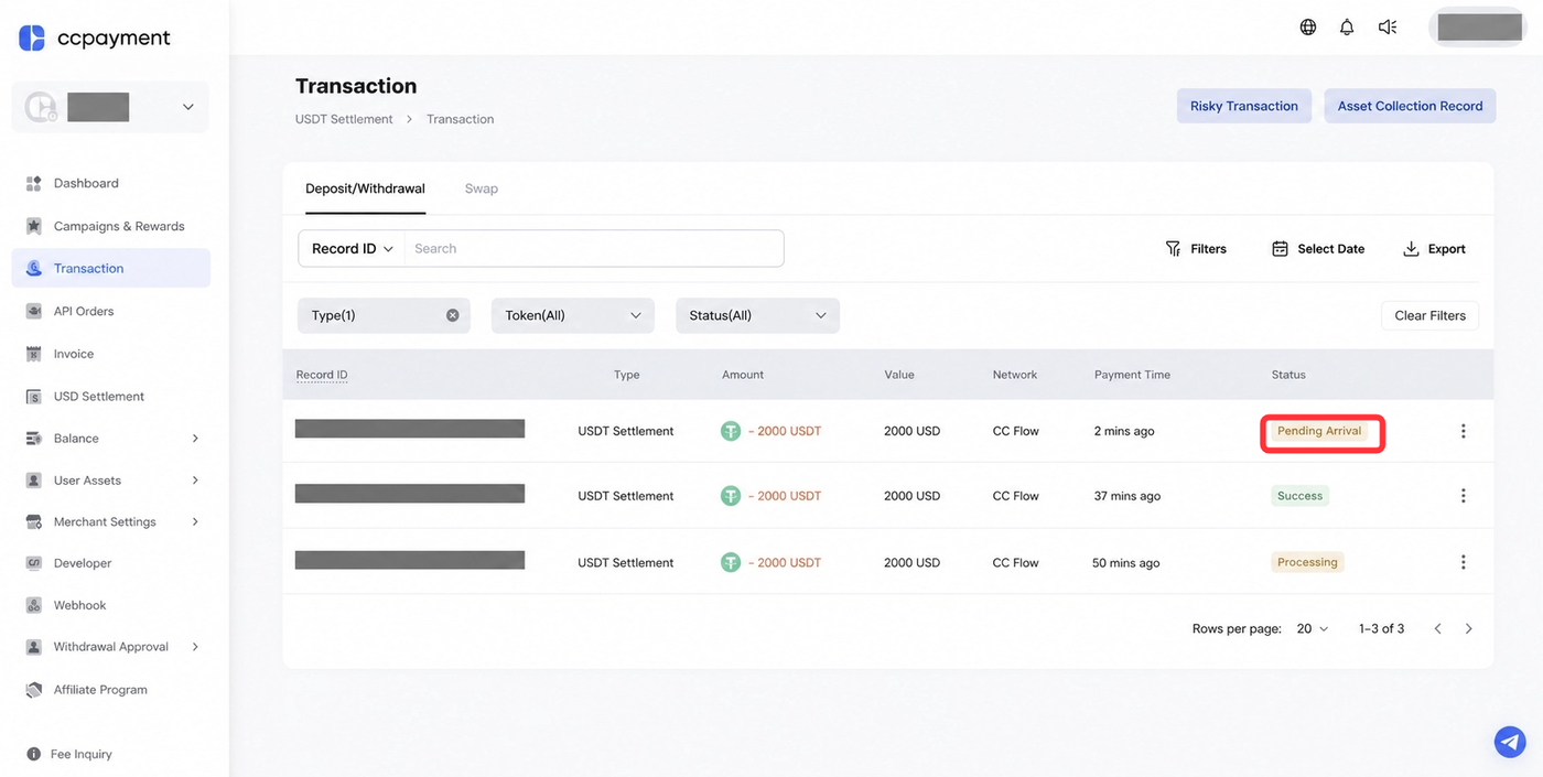 USDT to USD Settlement step7 Confirm Receipt