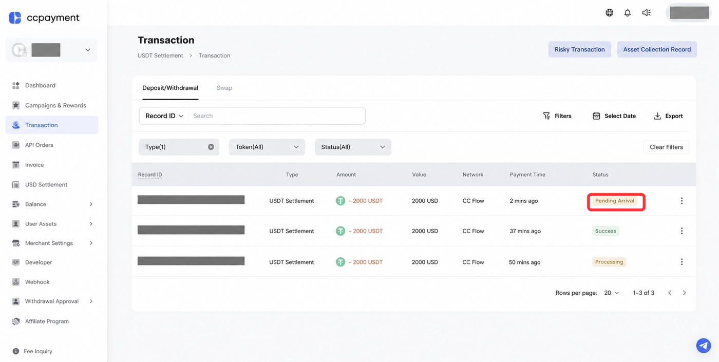USDT to USD Settlement step7 Confirm Receipt